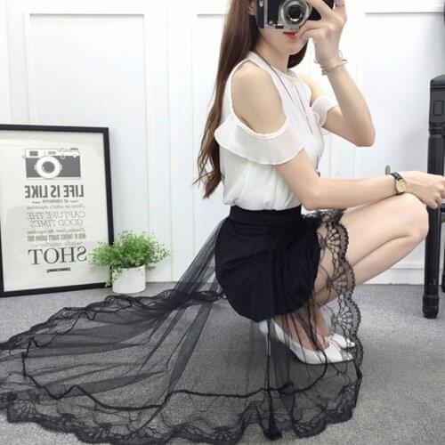 Women Girls Summer High Waist Layered Sheer Mesh Swallowtail Midi Long Skirt Asymmetric Scalloped Lace Hem Pleated Party