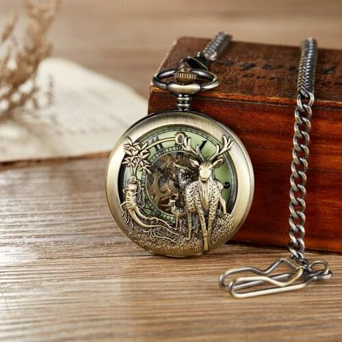 Retro Bronze Mechanical Pocket Watch Hollow Skeleton Hand Wind Dial Steel Clock Chain Necklace Pendant for Girl Woman Man