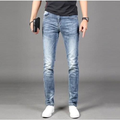 Mens Jeans Summer Blue Stretch Straight Slim Fit Pants Fashion Korean Style Thin Denim Trousers