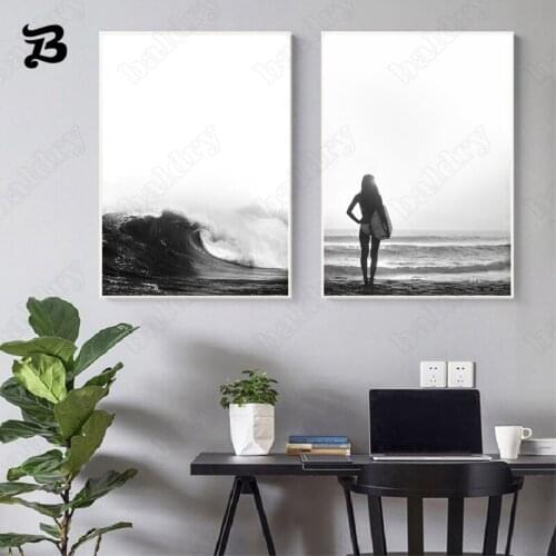 Surfing Beach Wall Art Canvas Painting Black and White a Girl Holding a Surfboard Picture and The Sea for Living Room Home Decor