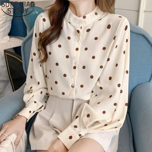 New Sweet Dot Chiffon Blouse Fashion 2021 Lantern Sleeve Stand Collar Shirt Women Tops Korean Autumn Apricot Loose Blusas 17131