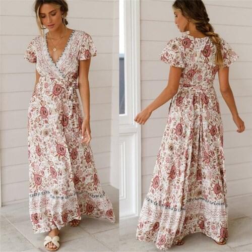 Sexy Holiday Long Dress Womens Boho Dresses Lady Boho Floral V-neck Long Maxi Dress Summer Beachwear Sundress