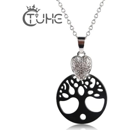 Lovely Life Of Tree Women Pendants Necklaces For Female Crystal Heart Good Quality Black White Hollow Ceramic Necklace Jewelry
