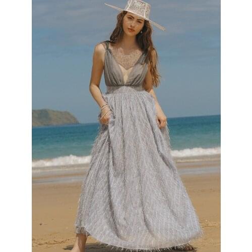 Sundress Womens Summer Vintage Elegant Slim Bright Silk Chiffon Sexy Deep V-Neck Backless Beach Casual Boho Maxi Dress