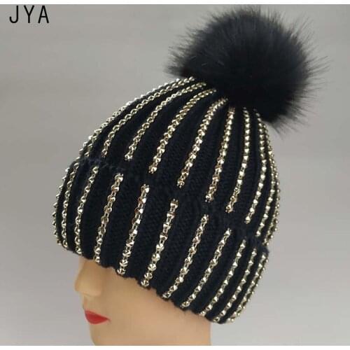 High Quality Knitted Casual Skullies Beanies for Women Faux Fur Pompom Solid Color Autumn Fashion Thick Cashmere Winter Hats