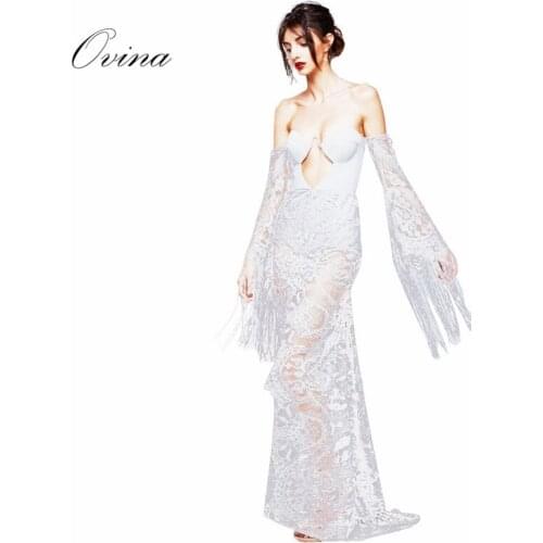 High Quality Evening Party Dresses Off The Shoulder Long Sleeve Lace Tassel Bandage Dress