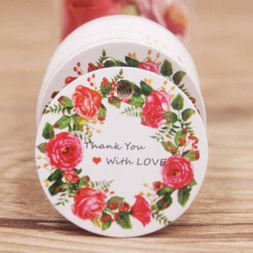 Round shape thank you with love 3x3cm label tag white /brown color red flower one side print fashion /cheap frist choose tag