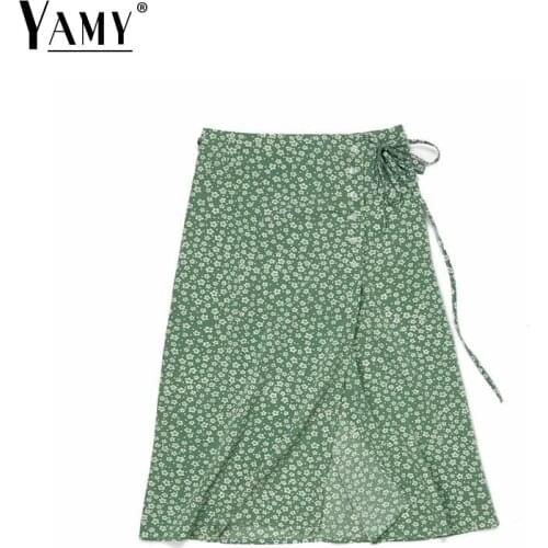 2019 Summer wrap long skirts womens vintage lolita green floral print split high waist skirt women korean fashion streetwear