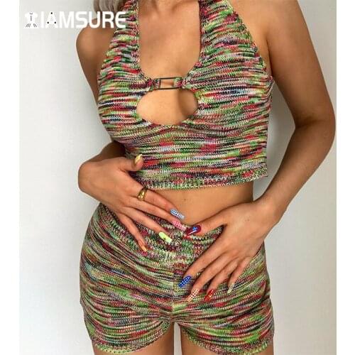 IAMSURE Casual Knitted Shorts Sets Women Fashion 2 Pieces Sets Hollow Out Sleeveless Halter Crop Top Elastic High Waisted Shorts