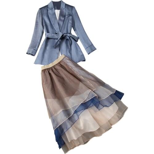 Womens Skirt Suit Autumn And Winter New Style Lace Bow Suit Jacket + Organza Cake Skirt Suit Women Two Piece Outfits