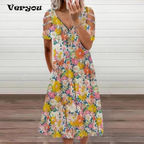 Zipper Floral Print Short Sleeve Dress Women Sexy Summer V Neck Casual Elegant Vintage Plus Size Hollow Out Dresses Streewear