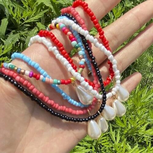 Fashion Bohemian Candy Color Beaded Necklace for Women Summer Beach Waterdrop Pearl Clavicle Chain Choker Necklaces Ethnic Style