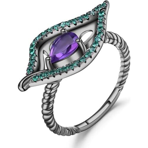 GEMS BALLET New Natural Purple Amethyst Leaf Gemstone Ring 925 Sterling Sliver Neo-Gothic Vintage Rings For Women Party Jewelry
