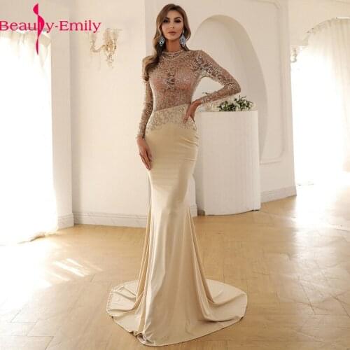 Vintage Sequined Lace O Neck Women Evening Dress Long 2021 Sexy Open Back Long Sleeve Khaki Mermaid Formal Party Dress Vestidos