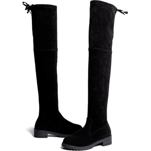 Winter Over The Knee Boots Woman Shoes Long Stretch Fabric Thigh High Sexy Round Toe High (5cm-8cm) Short Plush Flock
