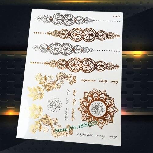 1PC Fashion Fake Metallic Temporary Tattoo India Sunflower PYS-115 Gold Henna Flower Lace Bracelet Design Tattoo Silver Chains