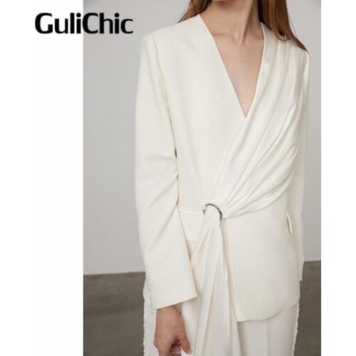 9.2 GuliChic High Quality Women V-Neck Long Sleeve Ribbon Casual Fashion Blazer