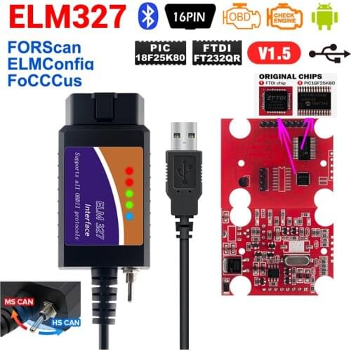 ELM 327 USB Bluetooth-compatible Works On Forscan HS CAN /MS CAN V1.5 Car OBD2 Diagnostic Tool ELM327 USB FTDI Chip For Optional