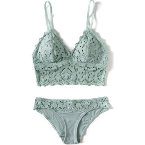 Hollow Out Lace Triangle Cup Bra with Padded Wire Free Set Underwear Lace Top Bra and Panties Set Lingerie for Women