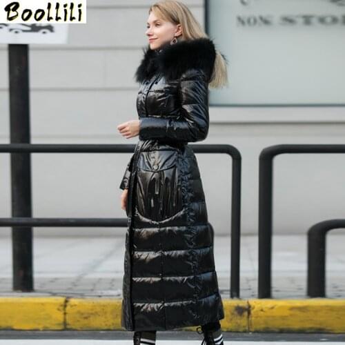 Boollili 2020 Womens Winter Down Jacket Long Coat Large Raccoon Fur Collar 90% White Duck Down Coat Slim High-end Warm Parka