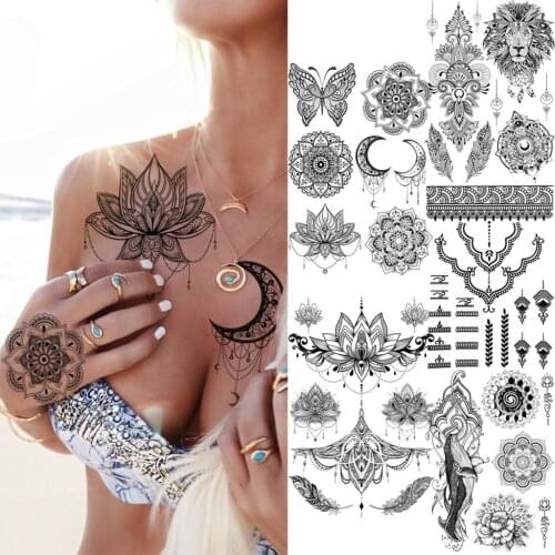 Black Lotus Mandala Sexy Chest Henna Temporary Tattoos For Women Adult Lace Whale Mandala Fake Tattoos Body Art Washable Tatoos