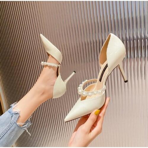 White Black Khaki Nude Patent Leather Pointed Toe Pearl Shallow Pumps Woman Hollow Out 6/8 cm Thin Heels Bride Shoes Small Size