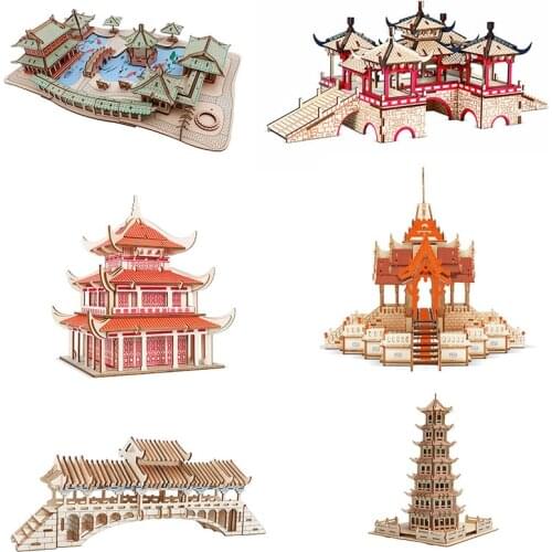 Hand Made 3D Wooden Mosaic Garden Ancient Building Model Puzzles for Kids Wooden Jigsaw Puzzle Diy Wood Brain Teaser LAZ