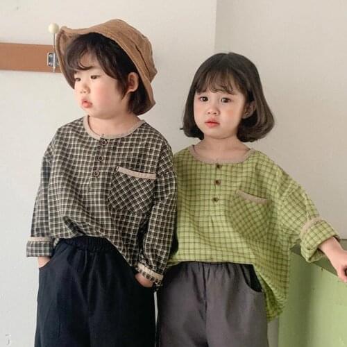 Korean style 2021 children casual plaid shirts Boys and girls cotton loose Tops T shirts