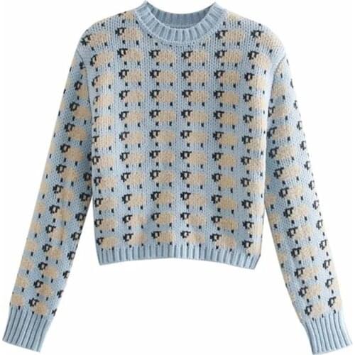 Women Long Sleeve O-Neck Sweater Cartoon Little Sheep Print Knitwear Crop Top F42F