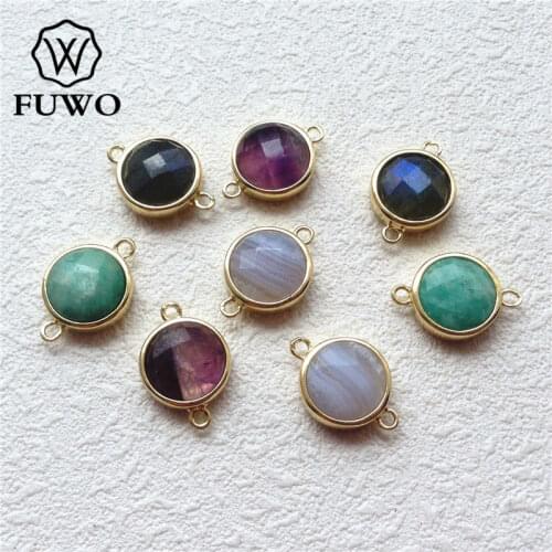 FUWO Multicolor Semi-precious Stone Connector With Brass Bezel Fashion Double Bails Raw Stone Pendant For Jewelry Making PD185