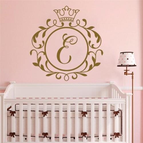 Initial Letters Monogram Girls wall sticker for Girls home decor Decal Girl Crown Framed Wall Art Initials for Bedroom HY307