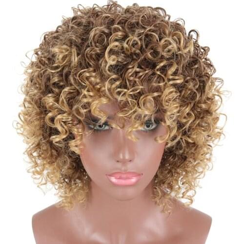 Short Curly Wigs Blonde and Brown Ombre Synthetic Wigs for Black Women Afro Kinky Curly Wigs with Bangs African Americans Women