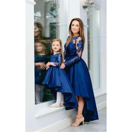Long sleeve royal blue lace mother daughter birthday party dress mom and girls matching a line dresses photography props gowns