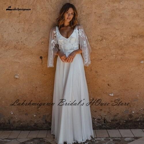 Lakshmigown Civil Bohemia Wedding Dress 2021 Backless Beach Lace Bodice Boho Chiffon Bridal Gowns with Detachable Sleeves