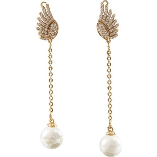 LANFLORA new girl angel wings zircon women pearl long earrings copper alloy earrings Classic bulk wholesale earrings