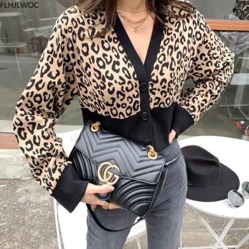 Hot Sales Leopard Sweaters Long Sleeve Single-Breasted Button V Neck Slim Short Crop Knitted Women Cardigans
