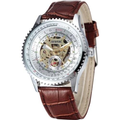 SEWOR Retro Men Military Skeleton Automatic Mechanical Watch Men Leather Strap Male Clock Business Wristwatch Relogio Masculino