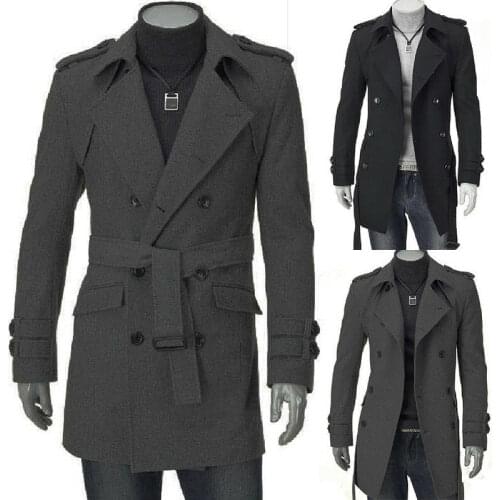 Mens Trench Coat Double Breasted Overcoat Long Jacket Outwear