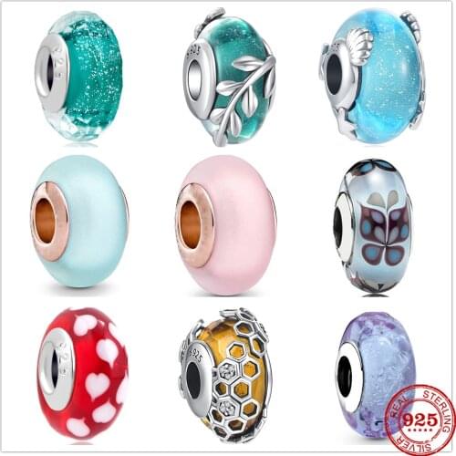 Genuine 925 Sterling Silver Matte Colorful Murano Glass Charm Openwork Beads Fit Original Pandora Bracelet Charm Jewelry Gift