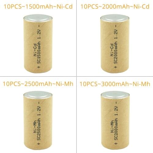 10pcs SC Subc 1.2V Ni-mh Ni-cd 1.5Ah/2.0Ah/2.5Ah/3.0Ah Rechargeable Battery Power Cell Ni CD Ni Mh Battery for Drill Screwdriver