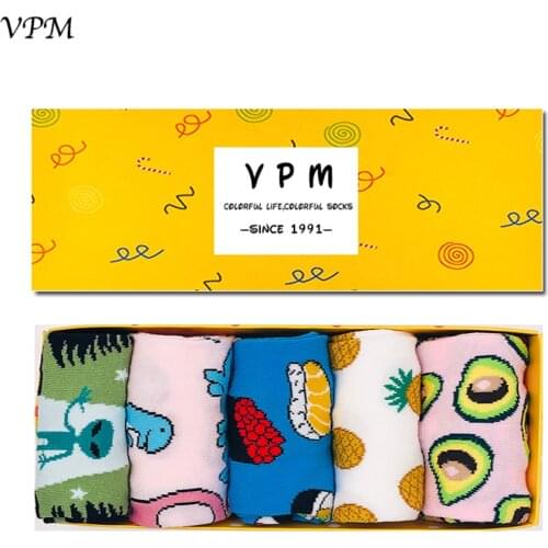 VPM Womens Dress Socks Colorful Cartoon Funny Dinosaur Alien Sushi Pineapple Avocado Christmas Sock for Girl 5 Pairs/Lot