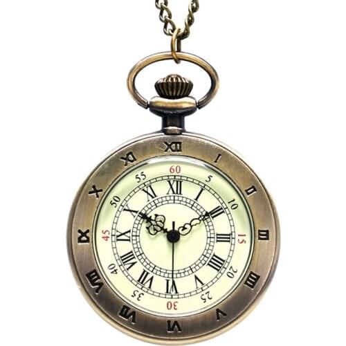 Simple Style Steampunk Beige Dial Small Antique Bronze Roman Numerals Dial Quartz Pocket Watch Necklace Pendant Mens Gifts Women
