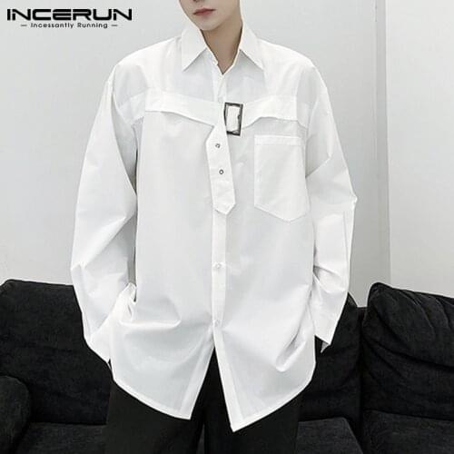 Fashion Men Casual Shirt Solid Color Lapel Button Up Leisure Camisa Masculina 2021 Streetwear Pockets Personality Tops INCERUN 7