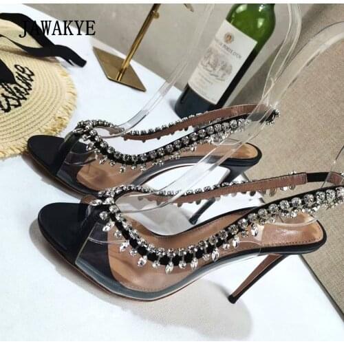 Sexy Tassel Crystal Women Party Sandals Peep Toe Thin High Heel Banquet Shoes Clear Pvc Runway Women Sandals