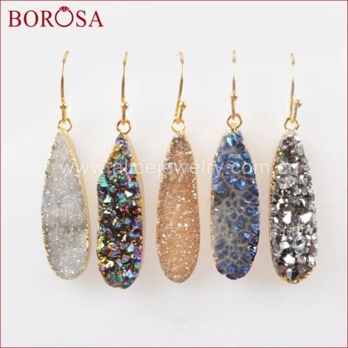 BOROSA 5Pairs NEW Teardrop Gold Color Druzy Crystal Titanium Drop Earring Rainbow Drusy Dangle Earrings Jewelry for Women G1070