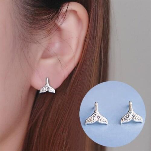 Jisensp Silver Plated Earrings Delicate Ocean Whale Tail Stud Earrings Fashion Jewelry for Women Girls Christmas Gift