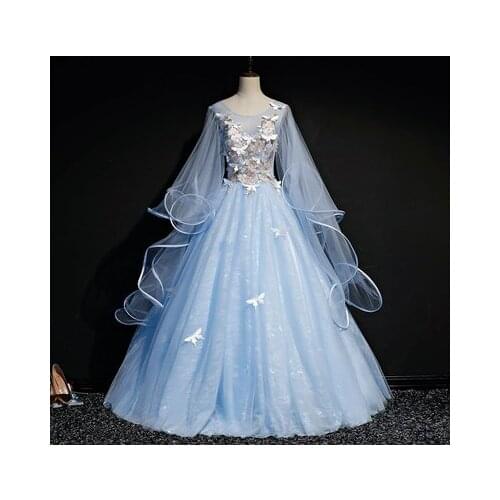 Champagne/light blue butterfly applique embroidery fairy court ball gown royal Medieval Renaissance Victorian dress Belle ball