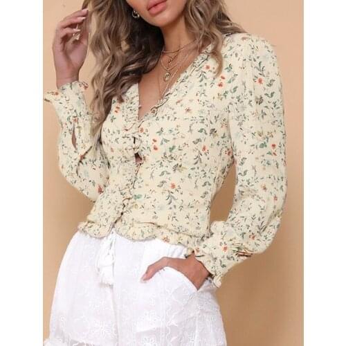 Floral Print Chiffon Womens Tops and Blouse Vitange Boho Full Sleeve Blouse