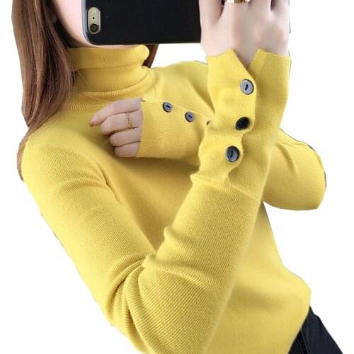 Harajuku Turtleneck Elasticity Knitted Sweater Pullover Women Autumn Plus Size Long Sleeve Knitwear Button Tops Pull Femme A473