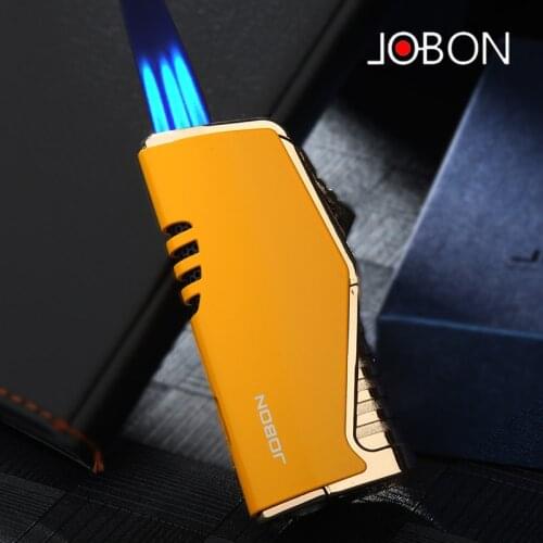 JOBON Cigar Lighter Three Heads Straight Blue Jets Flame Windproof Metal Visible Fuel High Temperature Turbo Torch Fire BBQ Gift